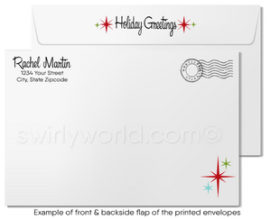 Vintage Mid-Century Christmas Card – Cozy 1950s Living Room with Stockings & Atomic Clock, Customizable Holiday Greeting