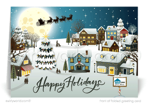 Decorated Christmas Houses Neighborhood Realtor Holiday Christmas Cards. Traditional Old Fashioned Neighborhood Holiday Christmas Cards for Realtors.
