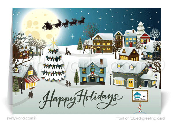 Decorated Christmas Houses Neighborhood Realtor Holiday Christmas Cards. Traditional Old Fashioned Neighborhood Holiday Christmas Cards for Realtors.