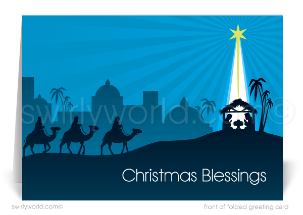 Retro Modern Christian Manger Nativity Scene Three Wise Men Religious Merry Christmas Cards