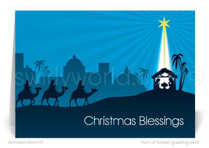 Retro Modern Christian Manger Nativity Scene Three Wise Men Religious Merry Christmas Cards
