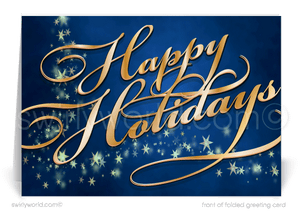 Traditional Navy Blue and Gold Professional Business Christmas Happy Holiday Cards.