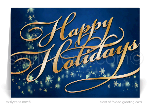 Traditional Navy Blue and Gold Professional Business Christmas Happy Holiday Cards.