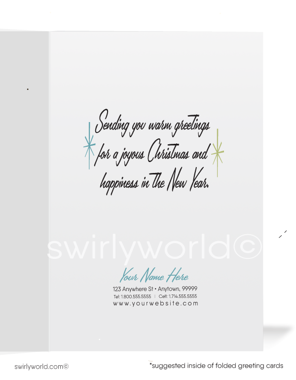 Celebrate the season with a vintage Christmas card featuring a mid-century modern watercolor of Santa entering a chimney with reindeer atop a festive house.