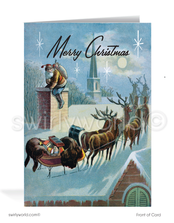 Retro vintage mid-century style watercolor Santa Claus on rooftops Merry Christmas holiday cards.