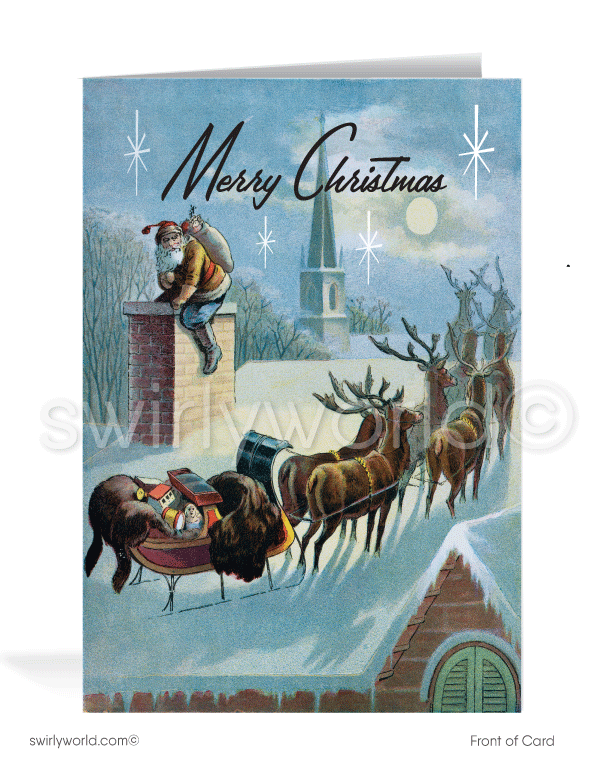 Celebrate the season with a vintage Christmas card featuring a mid-century modern watercolor of Santa entering a chimney with reindeer atop a festive house.