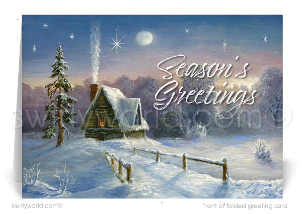 Rustic Watercolor Snow Scene Log Cabins Vintage Holiday Greeting Cards.