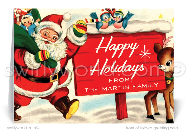 Swirly World Christmas Cards - Step back in time with our 1950s-inspired Christmas card featuring a kitschy Santa, classic reindeer, and retro starbursts. This customizable holiday card, crafted on premium cardstock, offers nostalgic mid-century charm with vintage typography and designs for a memorable holiday greeting.