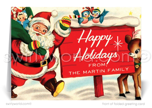 Swirly World Christmas Cards - Step back in time with our 1950s-inspired Christmas card featuring a kitschy Santa, classic reindeer, and retro starbursts. This customizable holiday card, crafted on premium cardstock, offers nostalgic mid-century charm with vintage typography and designs for a memorable holiday greeting.