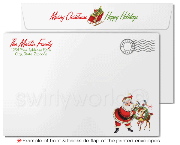 1950s Vintage Western Cowboy Santa Christmas Card – Retro Holiday Charm with Atomic Starbursts & Candy Cane Guns