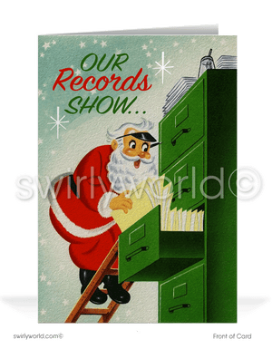 1950's vintage retro mid-century old fashioned Santa Claus Merry Christmas company business holiday greeting cards.