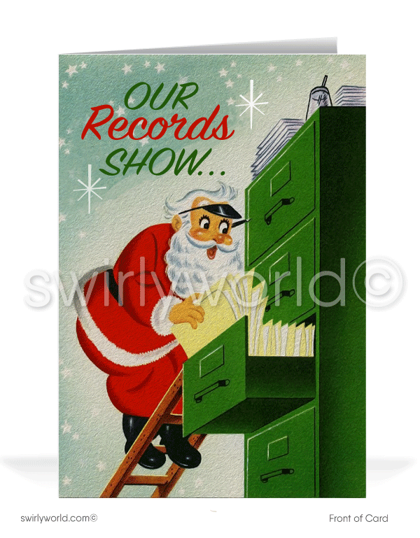1950's vintage retro mid-century old fashioned Santa Claus Merry Christmas company business holiday greeting cards.
