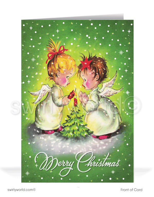 1940s-1950s Retro Mid-Century Style kitschy Angels Merry Christmas Holiday Cards.