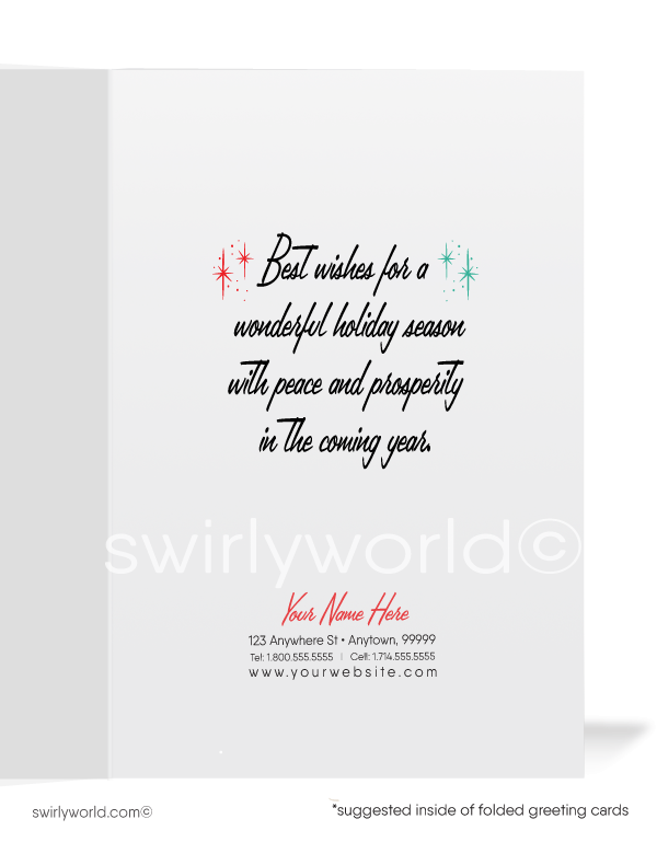 Retro 1960s mid-century modern vintage Christmas bells atomic MCM printed holiday cards.