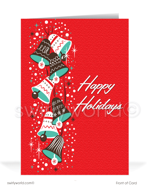 Retro 1960s mid-century modern vintage Christmas bells atomic MCM printed holiday cards.