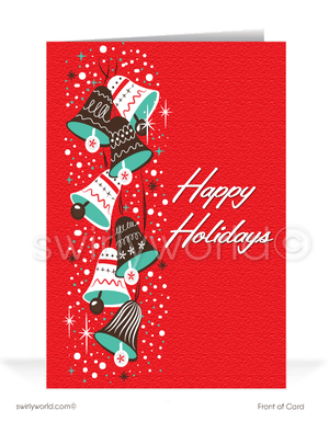 Retro 1960s mid-century modern vintage Christmas bells atomic MCM printed holiday cards.
