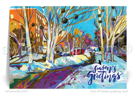 Traditional Mid-Century Style Watercolor Season's Greetings Holiday Cards for Business.