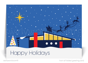  Explore our Mid-Century Modern House Retro Holiday Card—ideal for Realtors! Featuring a retro modern design showcasing iconic mid-century homes like Eichler and Palm Springs styles. Perfect for MCM enthusiasts, this card blends atomic modern and 1960s flair, ideal for house staging and festive greetings.