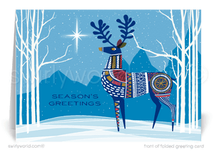 Mid-Century Modern Scandinavian Reindeer Buck in Peaceful Forest Holiday Greeting Cards.