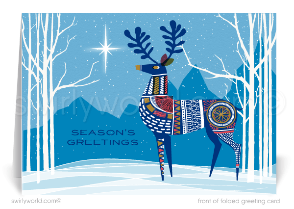 Mid-Century Modern Scandinavian Reindeer Buck in Peaceful Forest Holiday Greeting Cards.