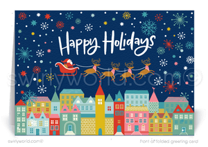 Retro Whimsical Christmas Neighborhood of Houses Realtor Holiday Cards for Clients