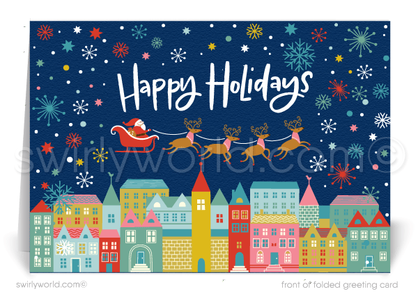 Retro Whimsical Christmas Neighborhood of Houses Realtor Holiday Cards for Clients