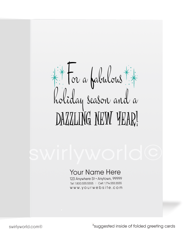 1950's mid-century atomic modern retro vintage holiday Christmas cards. 1950s-1960s MCM mid-century atomic modern retro girl in moon vintage holiday Christmas cards.