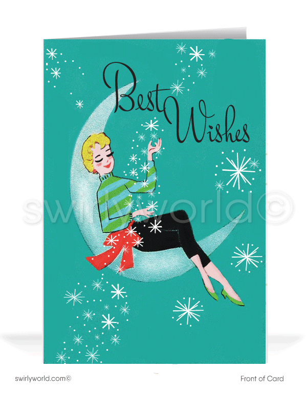 1950's mid-century atomic modern retro vintage holiday Christmas cards. 1950s-1960s MCM mid-century atomic modern retro girl in moon vintage holiday Christmas cards.