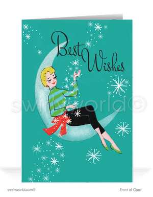 1950's mid-century atomic modern retro vintage holiday Christmas cards. 1950s-1960s MCM mid-century atomic modern retro girl in moon vintage holiday Christmas cards.