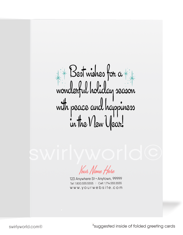 1950s retro mid-century atomic modern aqua blue and pink vintage Christmas ornament on silver aluminum tree holiday cards.