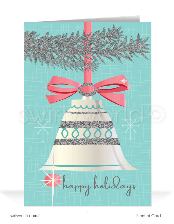 1950s retro mid-century atomic modern aqua blue and pink vintage Christmas ornament on silver aluminum tree holiday cards.