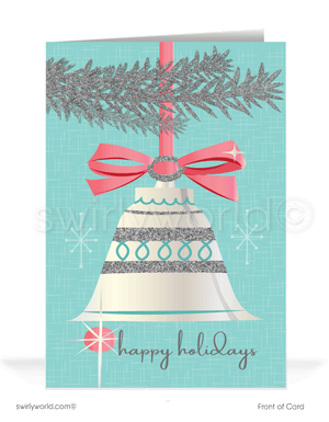 1950s retro mid-century atomic modern aqua blue and pink vintage Christmas ornament on silver aluminum tree holiday cards.