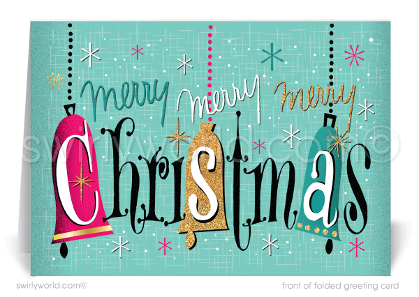 Celebrate Christmas with Swirly World's Atomic-era holiday card! Featuring retro bells, starbursts, and authentic mid-century typography, this 1950s-inspired design brings nostalgic charm to your greetings. Available as flatcards or folded styles, with custom wording and logo options. Matching envelopes included.