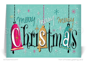 Celebrate Christmas with Swirly World's Atomic-era holiday card! Featuring retro bells, starbursts, and authentic mid-century typography, this 1950s-inspired design brings nostalgic charm to your greetings. Available as flatcards or folded styles, with custom wording and logo options. Matching envelopes included.