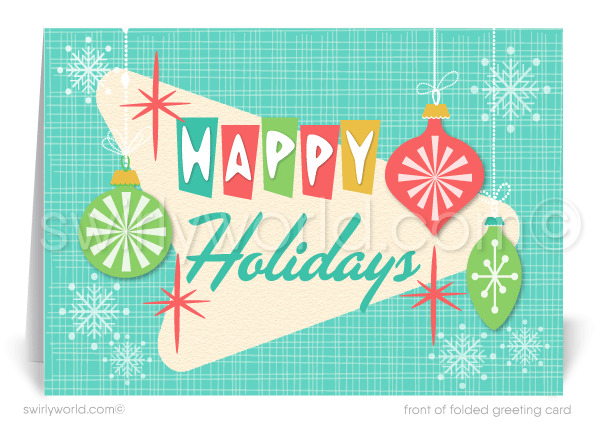 Swirly World’s exclusive 1950s Atomic Era holiday card brings retro charm to life with vibrant starbursts, mod shapes, and vintage typography for a nostalgic holiday touch.