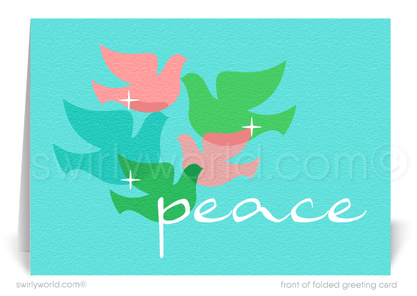 Swirly World’s vintage Christmas card combines 1960s peace doves, atomic starbursts, and pastel hues, bringing retro charm and warmth to your holiday greetings.