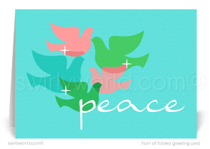 Swirly World’s vintage Christmas card combines 1960s peace doves, atomic starbursts, and pastel hues, bringing retro charm and warmth to your holiday greetings.