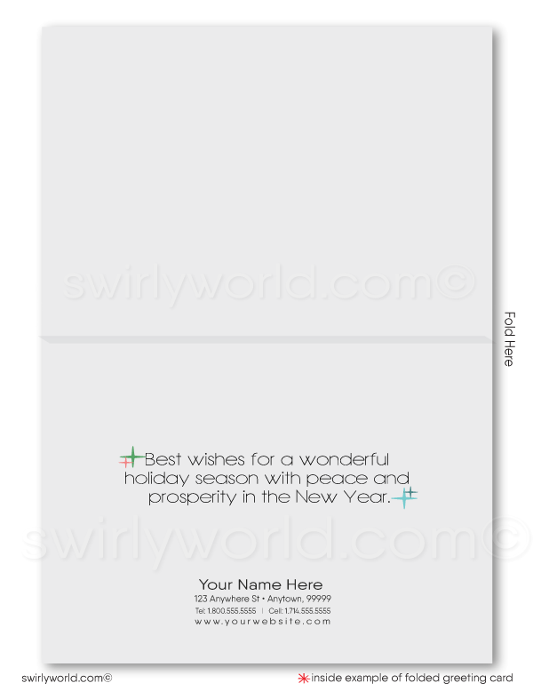 Swirly World’s vintage Christmas card captures 1960s charm with atomic starbursts, retro trees, and pastel pink, blue, and green for a nostalgic holiday greeting.