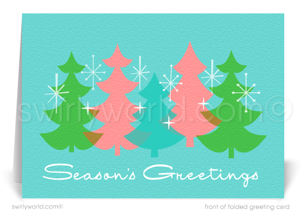 Retro Atomic Mid-Century Modern Pink Blue Green Trees Christmas Holiday Cards