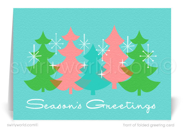 Swirly World’s vintage Christmas card captures 1960s charm with atomic starbursts, retro trees, and pastel pink, blue, and green for a nostalgic holiday greeting.