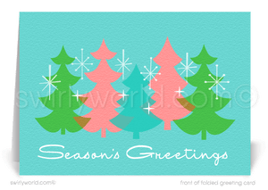 Swirly World’s vintage Christmas card captures 1960s charm with atomic starbursts, retro trees, and pastel pink, blue, and green for a nostalgic holiday greeting.