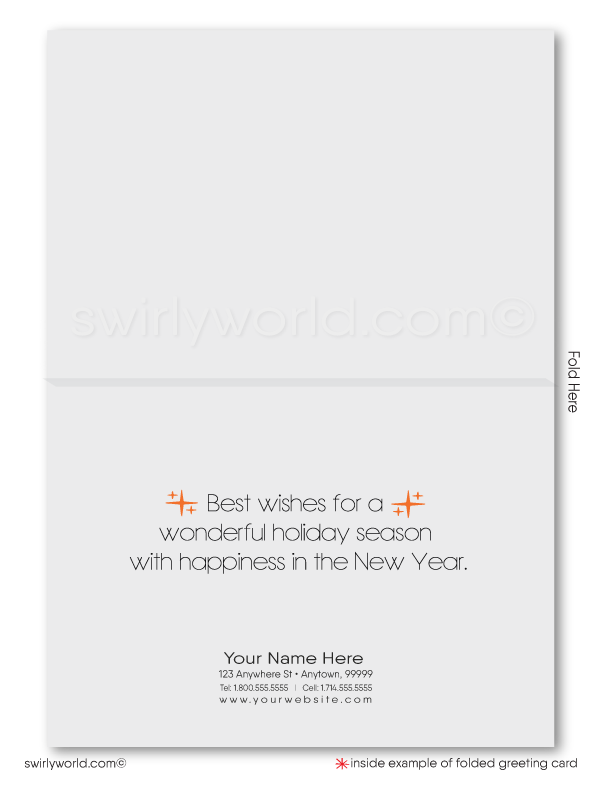 Swirly World Christmas Cards - Bask in mid-century holiday magic with our Retro Modern Christmas card, featuring a floor-to-ceiling glass waterfront home, Eames furniture silhouettes, and Christmas lights on a moonlit beach. Customizable and crafted on premium cardstock, these cards are perfect for unique, nostalgic holiday greetings.