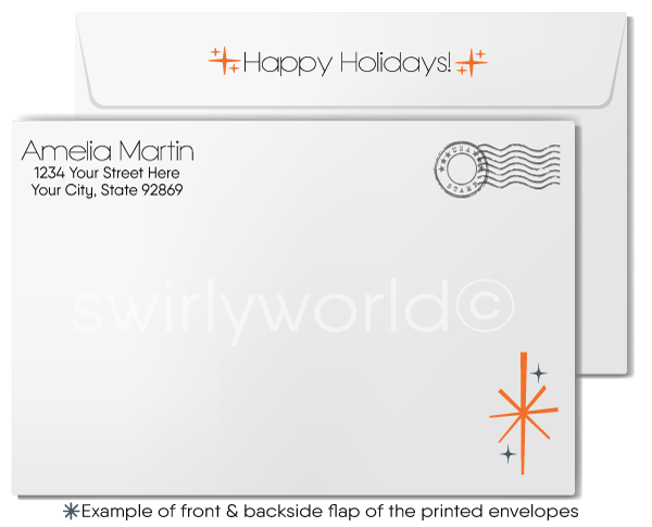 Customizable Retro Modern Christmas Holiday Card with Mid-Century Waterfront Home and Beach Scene