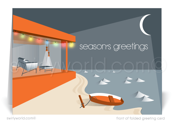 Swirly World Christmas Cards - Bask in mid-century holiday magic with our Retro Modern Christmas card, featuring a floor-to-ceiling glass waterfront home, Eames furniture silhouettes, and Christmas lights on a moonlit beach. Customizable and crafted on premium cardstock, these cards are perfect for unique, nostalgic holiday greetings.