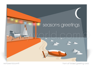 Swirly World Christmas Cards - Bask in mid-century holiday magic with our Retro Modern Christmas card, featuring a floor-to-ceiling glass waterfront home, Eames furniture silhouettes, and Christmas lights on a moonlit beach. Customizable and crafted on premium cardstock, these cards are perfect for unique, nostalgic holiday greetings.