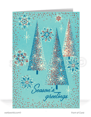 Retro atomic mid-century modern 1960's style trees vintage holiday Christmas cards.