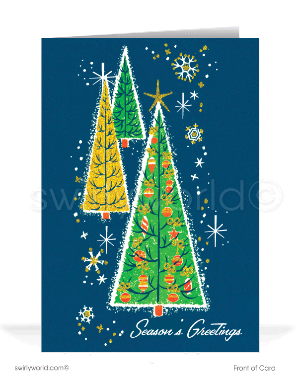 1950's retro mid-century modern vintage style trees Merry Christmas holiday cards. Retro Atomic Mid-Century Mod 1960s Vintage Christmas Tree Holiday Cards