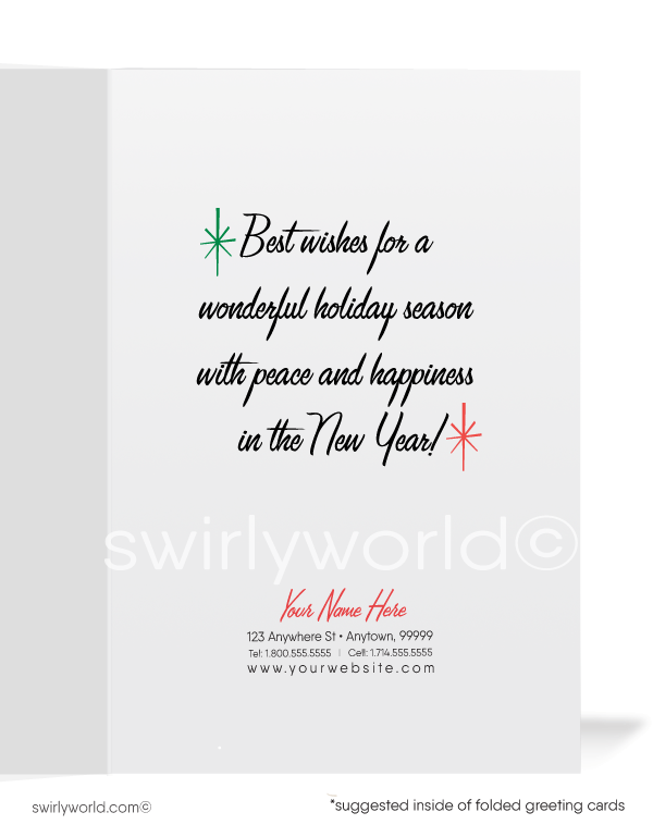 Embrace vintage holiday charm with our card featuring mid-century atomic ornaments on a tree. Customizable, retro typography, premium matte finish for timeless style.