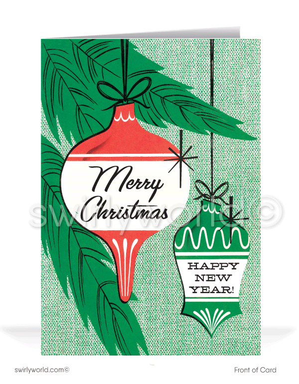 Embrace vintage holiday charm with our card featuring mid-century atomic ornaments on a tree. Customizable, retro typography, premium matte finish for timeless style.
