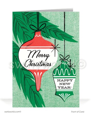 Embrace vintage holiday charm with our card featuring mid-century atomic ornaments on a tree. Customizable, retro typography, premium matte finish for timeless style.